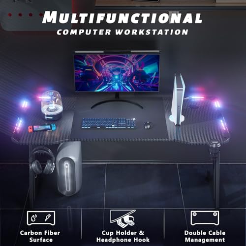 55 Inch Gaming Desk Z Shaped Carbon Fiber Computer Desk with LED, view 7