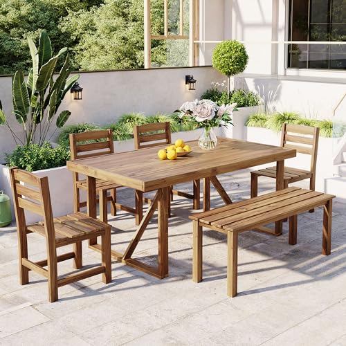 RUNNA 6 Piece Patio Dining Set, Acacia Wood, Indoor and Outdoor Furniture Sets for Backyard, Porch, Lawn, and Garden (Natural Wood@096)