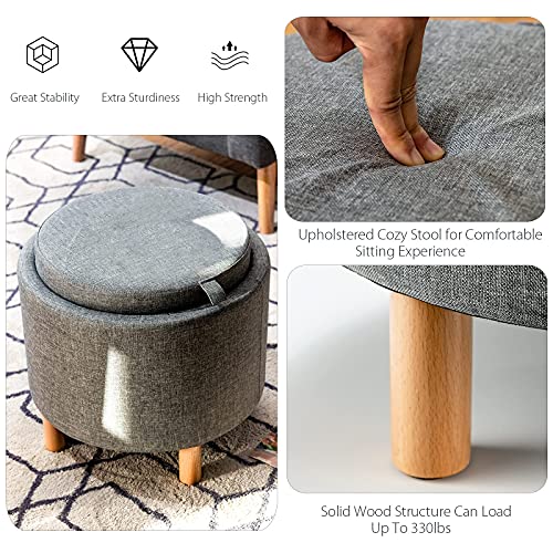 Round Storage Ottoman with Tray Lid, Accent Storage Footstool w/Soft Padding, Fabric Sitting Stool w/Solid Wood Legs & Non-Slip Pads, Tray Top Coffee Table for Living Room, Bedroom (Grey)