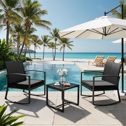 3 Pieces Outdoor Patio Set -Wicker Rattan Chair Conversation Set with Glass Table for Poolside Yard Rocking Chair Set for Bistro Garden Front Porch All Weather Patio Furniture Set