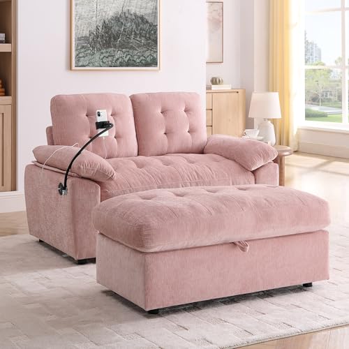 2 Seater Upholstered Loveseat Sofa with Storage Ottoman Phone Mount and Side Pocket Tufted Accent Couch, Pink