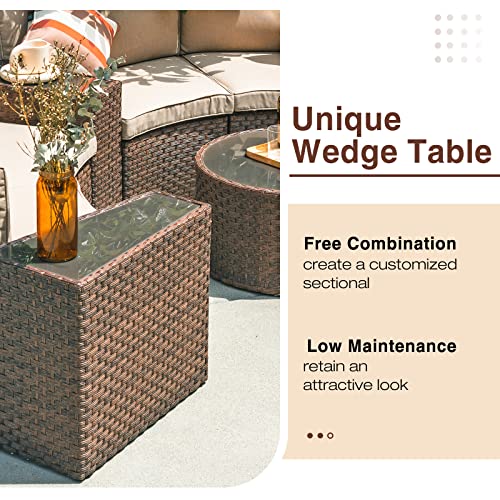 Outdoor 7-Piece Half-Moon Sectional Furniture Set with Round Coffee Table, Patio Curved Sofa Set, Beige Cushion and Brown Wicker, Incl. Waterproof Cover