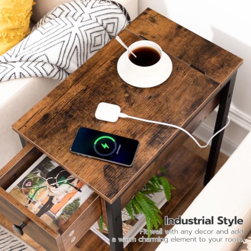 End Table with Charging Station, Narrow Side Table, Small Nightstand, Bedside Tables with Drawer and Storage Shelves, for Small Spaces, Living Room, Bedroom, Rustic Brown and Black BF041BZ01G1