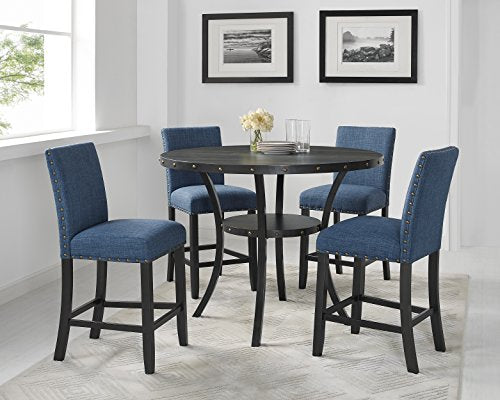 Collection Biony Espresso Wood Counter Height Dining Set with Blue Fabric Nailhead Stools