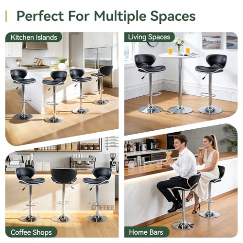 PU Leather Adjustable Bar Stools, Modern Swivel Airlift Barstools with Back, Armless Counter Height Chairs for Kitchen Dining Pub Cafe Set of 2 (Black)
