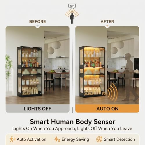 65" H Lighted Display Cabinet with Glass Doors & 5-Tier Shelves, Curio Cabinets with Motion Sensor LED Lights for Collectibles/Figurines, Tall Storage Cabinets for Living Room (Black Wood)