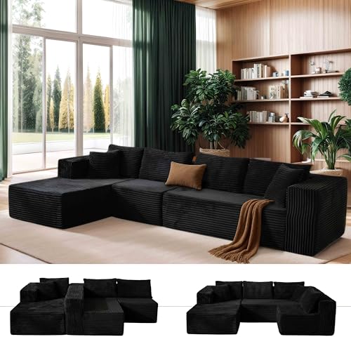 140” Oversized No Assembly Compression Boneless Cloud Sectional Couches for Living Room, L-Shape Comfy Fluffy Sleeper Sofa Bed, Modular Corduroy Reclining Memory Foam Furniture for Bedroom Home Black