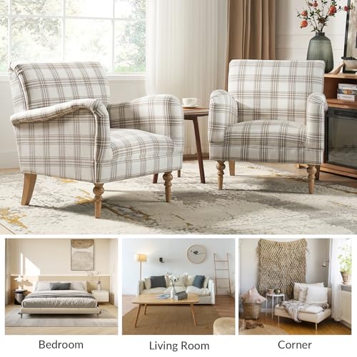 Farmhouse Accent Chair with Plaid Pattern, Tan | Comfy Upholstered Armchair with Solid Wood Legs, Curved Armrests, for Living Room Bedroom Reading Relaxation