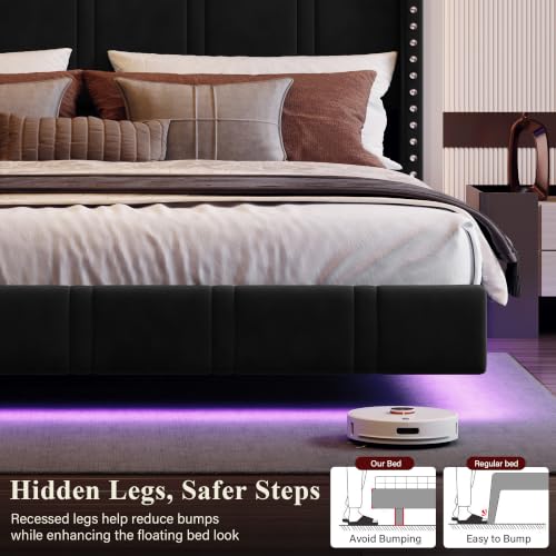 Queen Floating Bed Frame with 72.44" Extra-Tall Headboard, Black, view 8