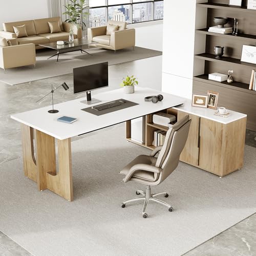74-Inch Executive L-Shaped Desk with Storage Cabinet & Shelves, view 7