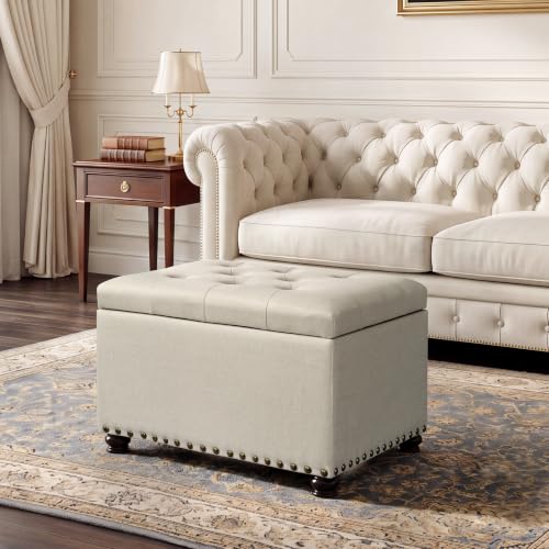 Ottoman with Storage,24" Fabric Ottoman Foot Rest with Hinged Lid Small Rectangle Upholstered Button Tufted Foot Stools Ottomans for Bedroom Living Room Entryway,Beige