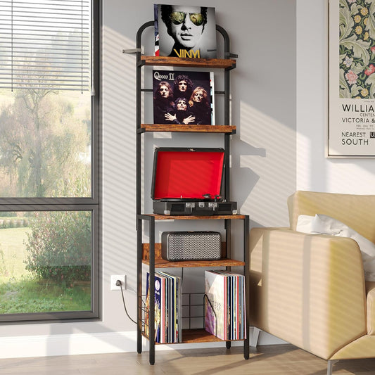Record Player Stand with Power Outlet, Turntable Stand with 2-Tier Vinyl Record Storage, Record Player Table up to 200 Albums, End Table for Vinyl Record Holder for Living Room