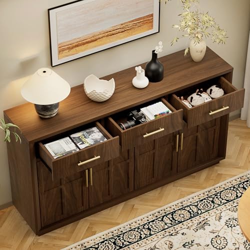 59" Sideboard Buffet Cabinet, 3 Drawers, 4 Doors, Walnut, view 8