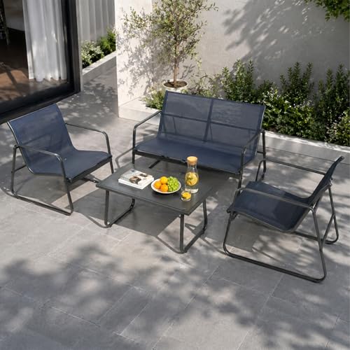 Sofia 4-Piece Patio Conversation Set, Outdoor Furniture Set with Loveseat, 2 Chairs & Table, Breathable Textilene Seating, Powder-Coated Metal Frame, All-Weather for Balcony Backyard Navy Blue