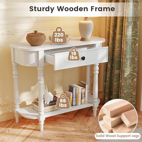 2-Tier Narrow Console Table, 36" White Entryway Table with Storage Drawer & Elegant Legs, Wooden Sofa Table with Open Shelf for Living Room, Foyer, Hallway, Bedroom, Entrance