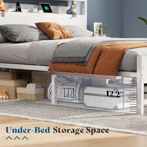 Queen Size Bed Frame with Galaxy Star Projector, Platform Bed with Charging Station Storage Headboard, Heavy Duty Metal Bed Frame with Underbed Storage, No Box Spring Needed, White