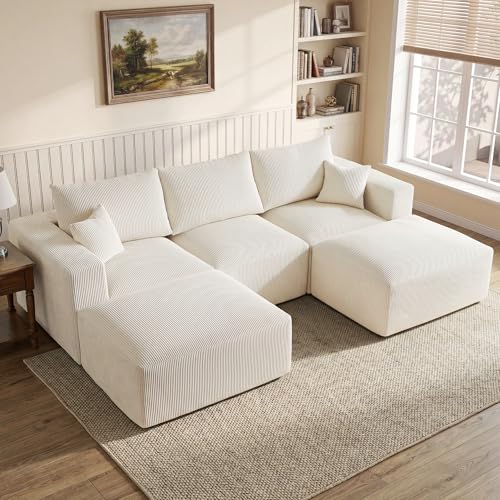 113" Modular Sectional Couch, Cloud Boneless Sofa with Deep Seats, Upholstered Corduroy U-Shaped Sleeper Sofa with Chaise, 3-Seater Couches for Living Room, No Assembly Required, Beige
