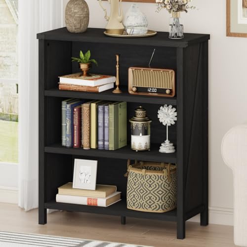 Small Black Bookshelf, 3 Tier Short Book Shelf, Farmhouse Bookcase Storage Organizer, Wooden Book Cases for Small Space, Office, Bedroom, Living Room, Apartment (Black Oak)