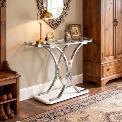 Silver Glass Console Tables for Entryway,Glass Entryway Table with Curved Frames and Marble Base, Modern Entrance Table Sofa Table for Living Room,Hallway,Silver Glass&White Marble