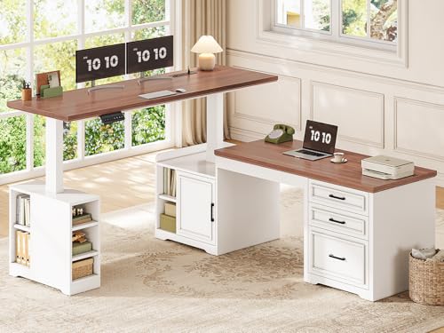 Farmhouse L Shaped Electric Standing Desk, 63" x 67" Height Adjustable Home Office Executive Desk with Drawers, Standing Computer Desks with Power Outlet for Home Office, White+Brown