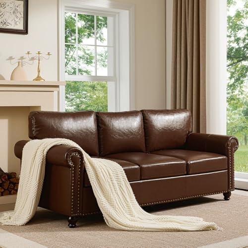 79” Leather Sofa Couch with Storage, Mid Century Modern Rolled Arm Couches for Living Room Furniture, Nailhead Trim, Dark Brown
