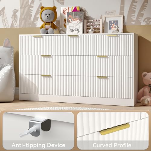 White Dresser Set of 2, Long Dresser for Bedroom Wooden with 14 Drawers, Fluted Modern Bedroom Furniture Set, TV Stand Dressers & Chests of Drawers for Closet (15.7"D x 110.2"W x 31.8"H)