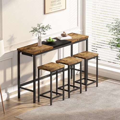 4-Piece Dining Table Set, 60.2" L Wood Dining Table with 3 Stools and Metal Frame for Kitchen Dining Room, Convenient Hanging Stool Design, Natural+Black