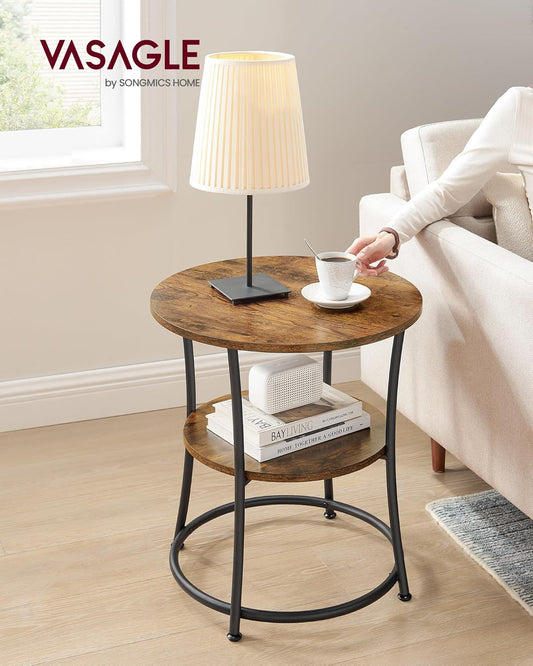 Side Table, 2-Tier round End Table, Nightstand with Steel Frame for Small Spaces, Living Room, Bedroom, Rustic Brown and Ink Black