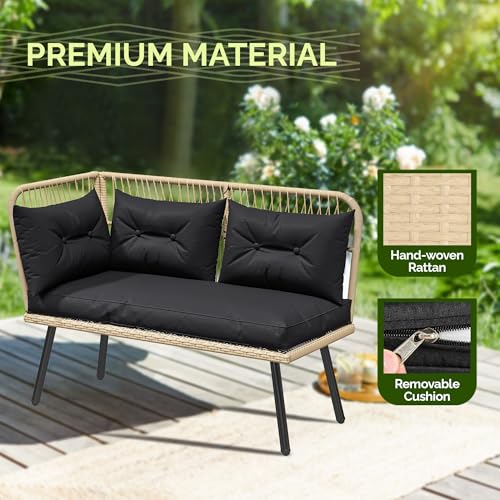 L-Shaped Patio Furniture Set, All-Weather Rattan Outdoor Conversation Sofa with Soft Cushions, Ottomans & Plastic Wood Dining Table for Backyard Deck, Light Brown + Black