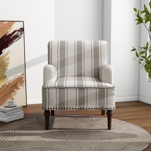 Accent Chair, Mid Century Modern Comfy Armchair for Living Room, Linen Fabric Single Sofa Lounge for Reading Bedroom Apartment Waiting Room with Wood Legs (Grey Stripe, Set of 1)