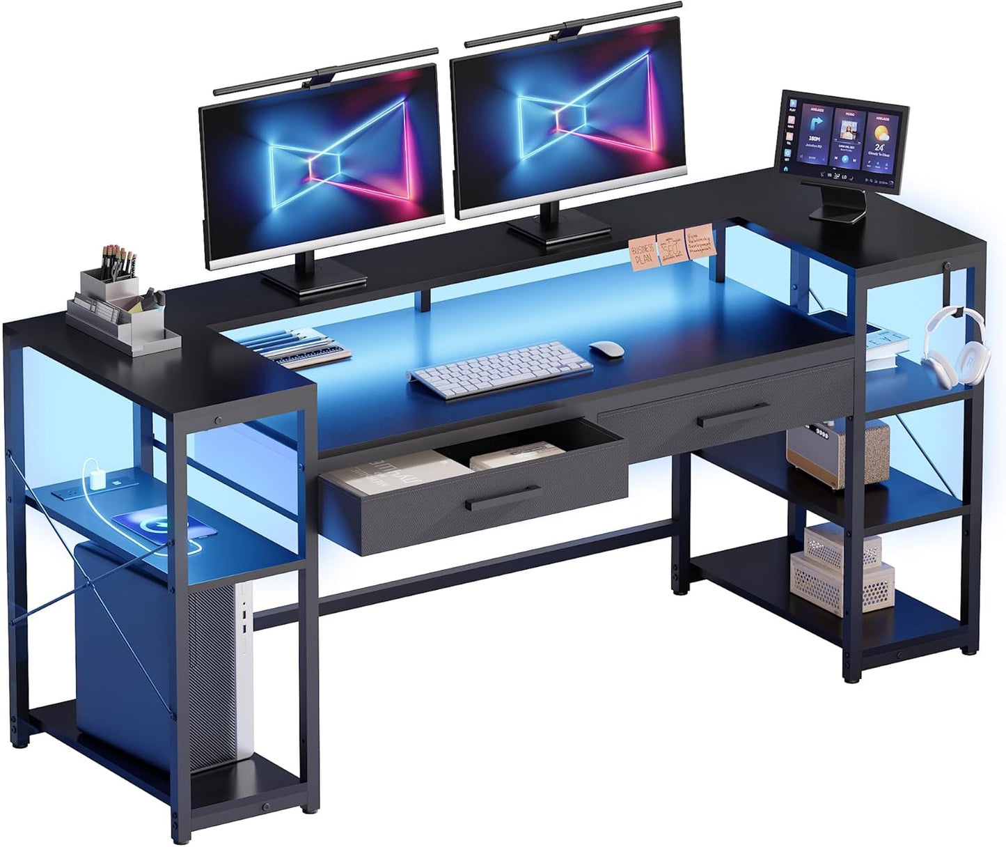 58 Inch Computer Desk with Monitor Stand and Shelves Gaming Desk with LED Lights & Power Outlets PC Vanity Table with 2 Drawers for Home Office Black