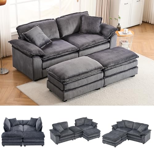 84.6” Corduroy Loveseat with Ottoman, Oversized Double Chaise Lounge Chair Indoor Deep Seat Two Seater Couch Cloud Couch Modular Sectional Sofa for Living Room(Corduroy Grey)