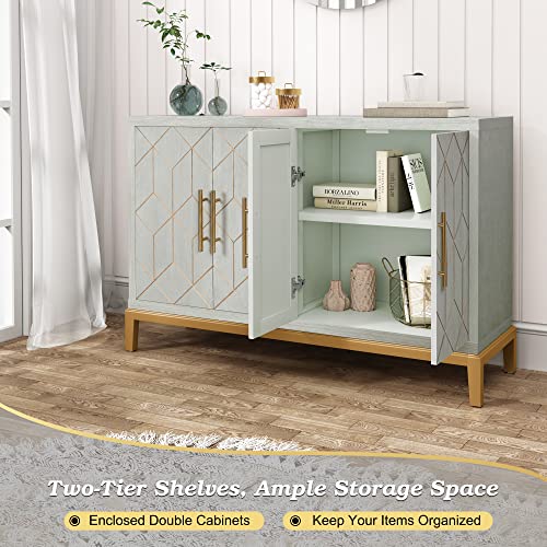 48" Accent Cabinet with 4 Doors and Shelves, Modern Credenza Storage Cabinet with Gold Trim, Green Buffet Cabinet for Living Room, Kitchen, Dining Room, Hallway