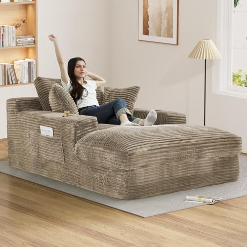 75.9"D Oversized Chaise Lounge Chair Indoor with Cup Holders,Dark Camel, view 2