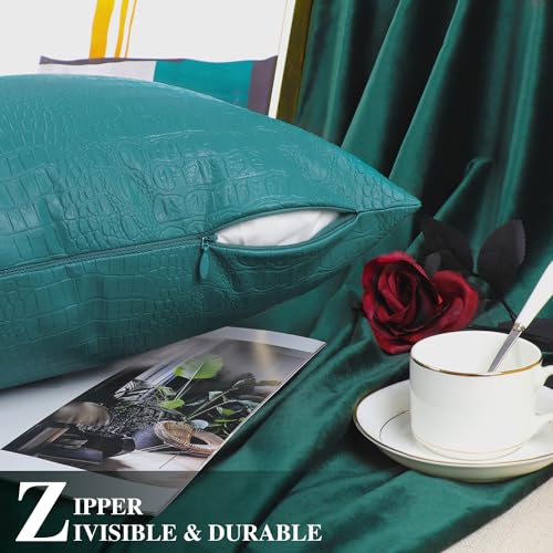 Faux Leather Pillow Covers 18 X 18 Inches, Teal Leather Pillow Covers Pack of 2, Crocodile Leather Decorative Throw Pillows for Living Room Couch Bed Sofa Home