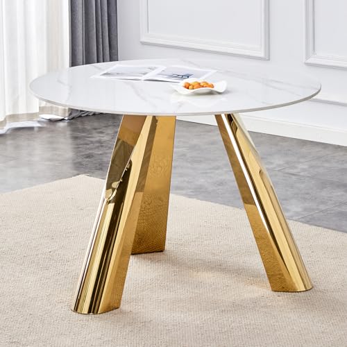 42" Luxury Sintered Stone Table: 0.45" Top + 6" Steel Legs, 350lb Capacity, Stain,Heat Resistant White,Gray Veined Design