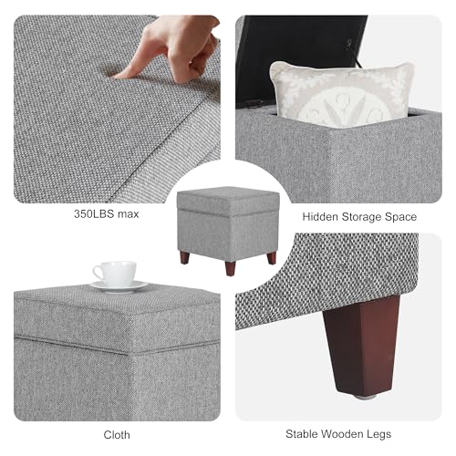 Linen Storage Ottoman with Wooden Legs, 17" Square Upholstered Flip-Top Footrest Stool, Extra Seat or Coffee Table for Living Room, Bedroom, Entryway, Grey