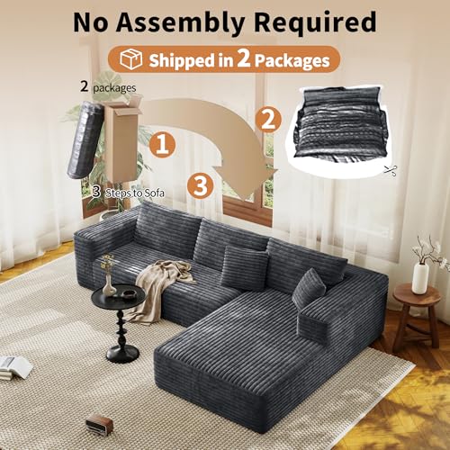 Modular Sectional Couches for Living Room, Comfy Shaped Boneless Cloud Couch with Chaise, Modern Deep Seat Corduroy Floor Sofa, No Assembly Required (Grey, 107" L-Shaped Right)