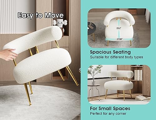 Mid Century Sherpa Boucle Accent Chair, Round Upholstered Barrel Arm Chair for Small Spaces, Fluffy Side Corner Sofa Chair for Living Room, Bedroom, Vanity, Office, Reading Nook(Cream White)