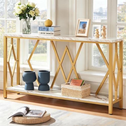 55 Inch Modern Entryway Console Table, White & Gold Faux Marble Top Engineered Wood Sofa Table with 2-Tier Open Storage, Entry Table for Hallway & Living Room