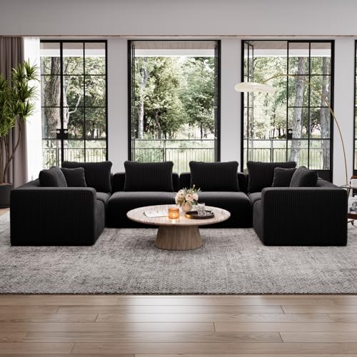 141” 6-Seat Modular Sectional Sofa Couch, Individually Wrapped Coil Support & Corduroy Fabric, Zero Assembly 6-Piece Set for Large Living Room, Black