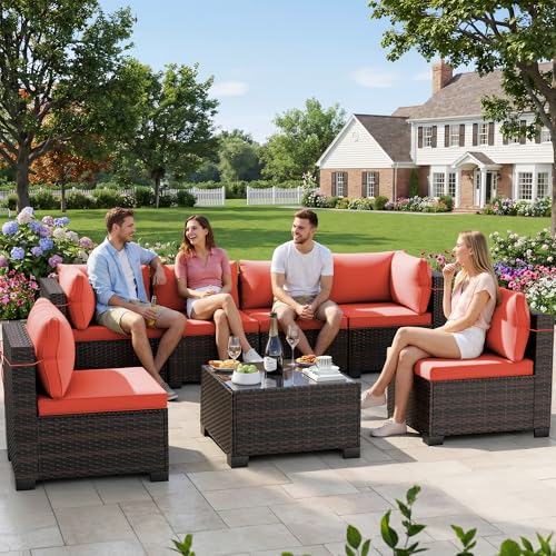7-Piece Outdoor Patio Furniture Sets, Manual Weaving Rattan Conversation Sectional Sofa with Tempered Glass Coffee Table, All-Weather PE Wicker & Thick Cushions for Garden, Backyard, Porch