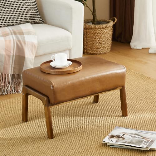 15.5"(H) Footrest Stool, Leatherette Ottoman, Accent Padded Sofa Foot Stool for Accent Chair, Wood Frame Foot Rest Ottoman for Living Room, Bedroom, Yellowish-Brown