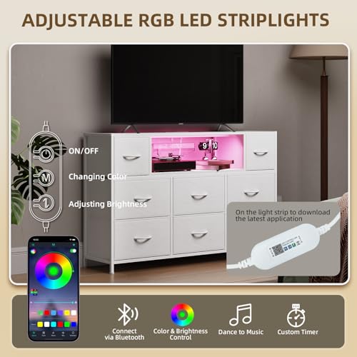 White TV Stand, Dresser for Bedroom for 55 inch TV with Charging Station and LED Lights, Media Console Table with 8 Drawers, Open Shelf, Adjustable Feet,Living Room Furniture