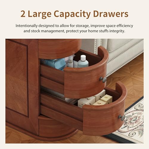 Narrow Solid Wood End Table with Charging Station, Brown | Vintage Slim Sofa Side Table & Nightstand, 2 Drawers, Compact Wood Storage, Fully Assembled