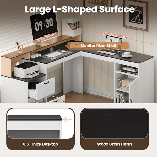 63" Farmhouse L Shaped Executive Desk, Corner Computer Desk with Drawers & Storage Shelf, Home Office Desk with Power Outlet, Monitor Stand, Wood Grain Desktop, White & Black
