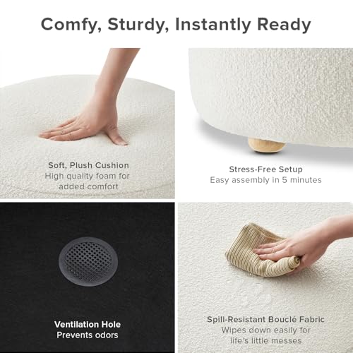 Luna Round Ottoman with Storage and Tray, Round Coffee Table with Storage, Upholstered Foot Stools Ottoman for Living Room, Bedroom, with Solid Rubberwood Legs (Pearl White Performance Boucle)
