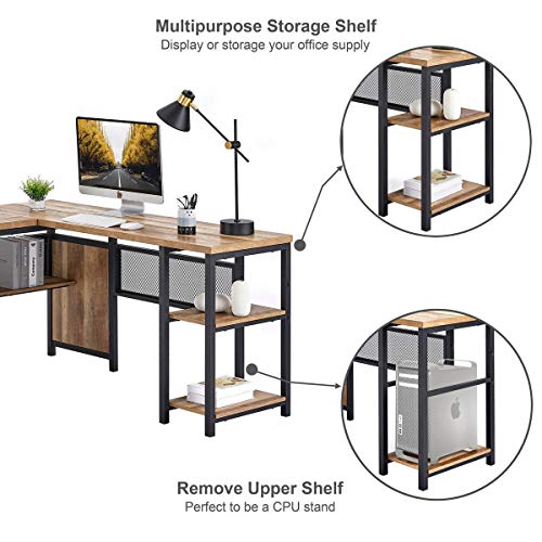 L Shaped Computer Desk with Wood Shelves, Industrial Rustic Home Office Corner Desk with Metal Legs (Rustic Oak, 59 Inch)
