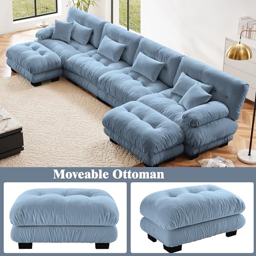 Oversized Modular Velvet Sectional Cloud Sofa Couch with Movable Ottoman,Corner Sofa with Comfortable Armrests, Deep Seat, Convertible L or U Shaped Couch (Sky-Light Blue, 4 Seat + 2 Ottoman)