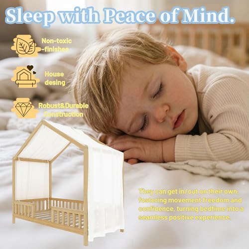 Full Montessori House Bed with High Rails & Canopy for Kids, Natural, view 7